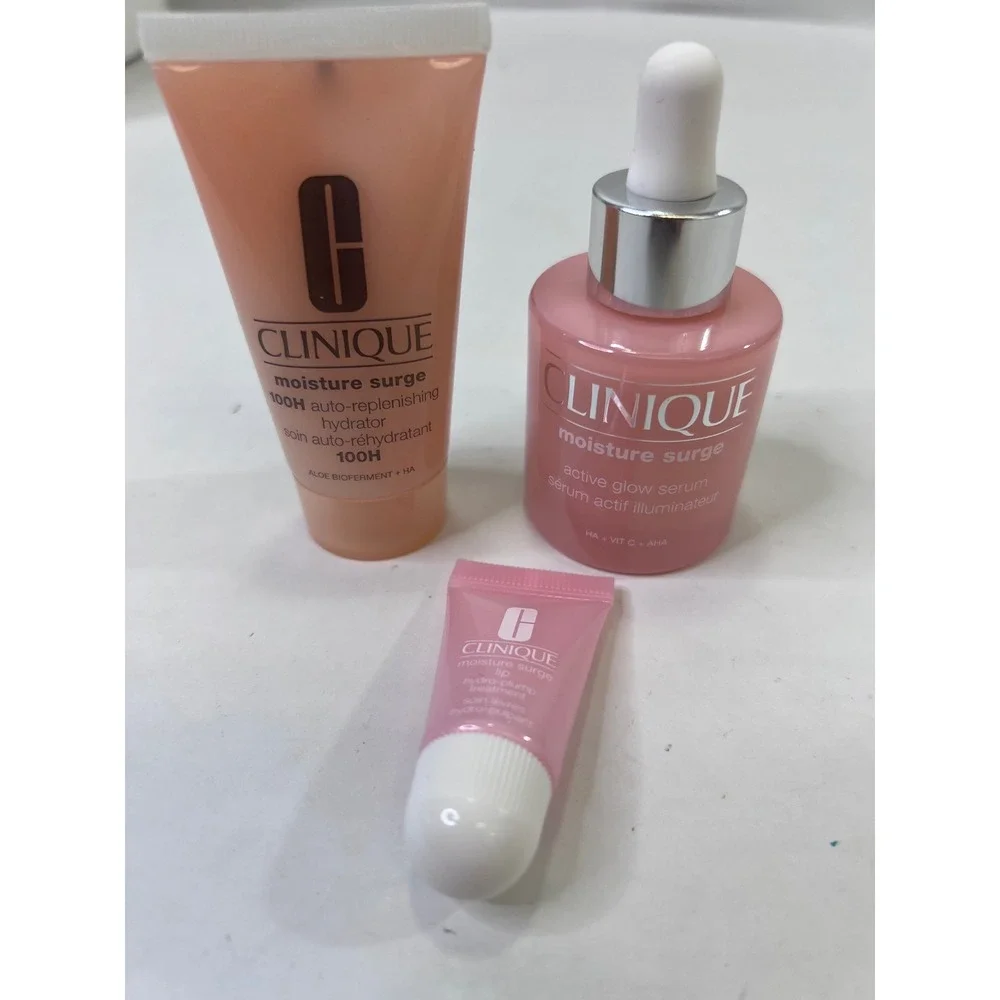 Clinique Moisture Surge 3pc Set 100H Hydrator Active Glow Serum Lip Treatment